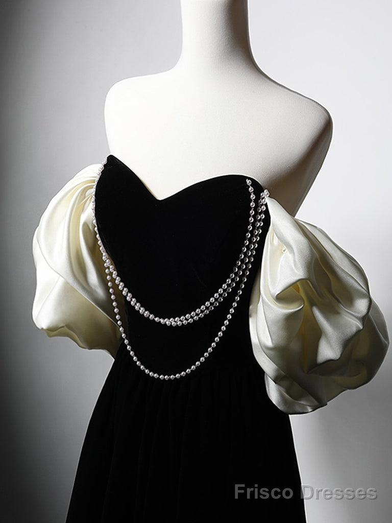A-Line Velvet Tea Length Black Prom Dress, Tea Length Black Formal Dress Secondary image