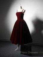 A-Line Velvet Tea Length Burgundy Formal Prom Dress, Burgundy Cocktail Dress