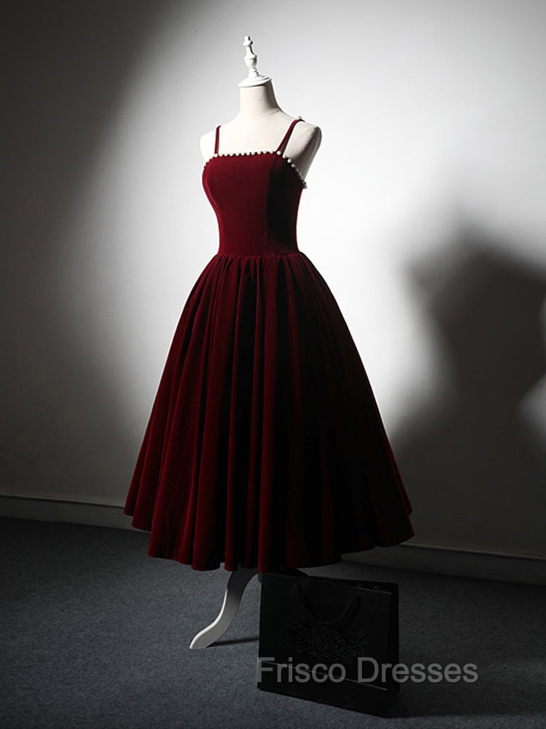 A-Line Velvet Tea Length Burgundy Formal Prom Dress, Burgundy Cocktail Dress