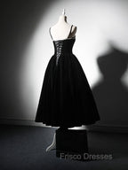 A-Line Velvet Tea Length Burgundy Formal Prom Dress, Burgundy Cocktail Dress