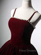 A-Line Velvet Tea Length Burgundy Formal Prom Dress, Burgundy Cocktail Dress