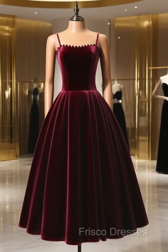 A-Line Velvet Tea Length Burgundy Formal Prom Dress, Burgundy Cocktail Dress Main image