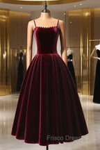 A-Line Velvet Tea Length Burgundy Formal Prom Dress, Burgundy Cocktail Dress