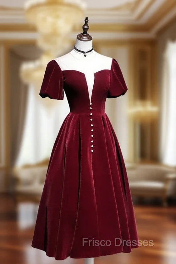 A line Velvet Tea Length Formal Prom Dress, Burgundy Velvet Bridesmaid Dress Main image