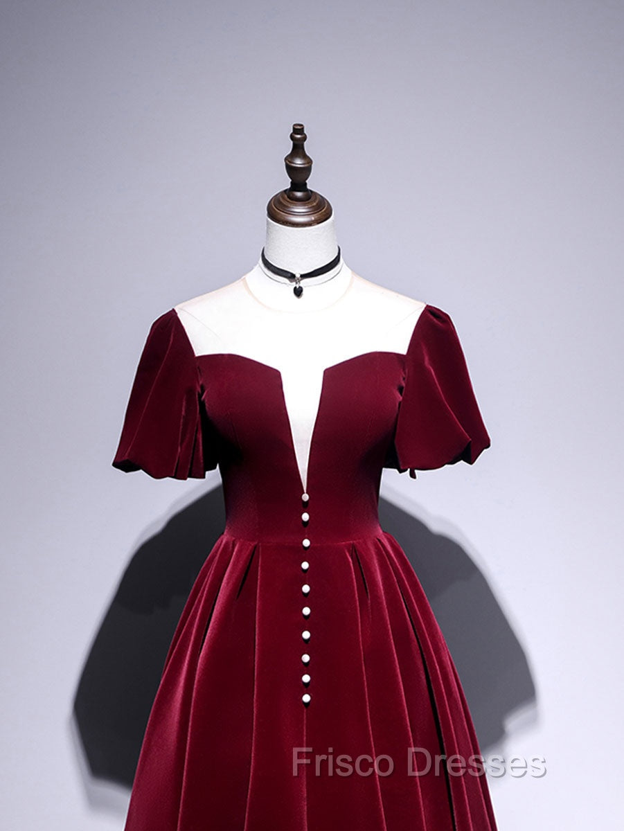 A line Velvet Tea Length Formal Prom Dress, Burgundy Velvet Bridesmaid Dress