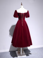 A line Velvet Tea Length Formal Prom Dress, Burgundy Velvet Bridesmaid Dress