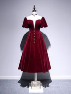 A line Velvet Tea Length Formal Prom Dress, Burgundy Velvet Bridesmaid Dress