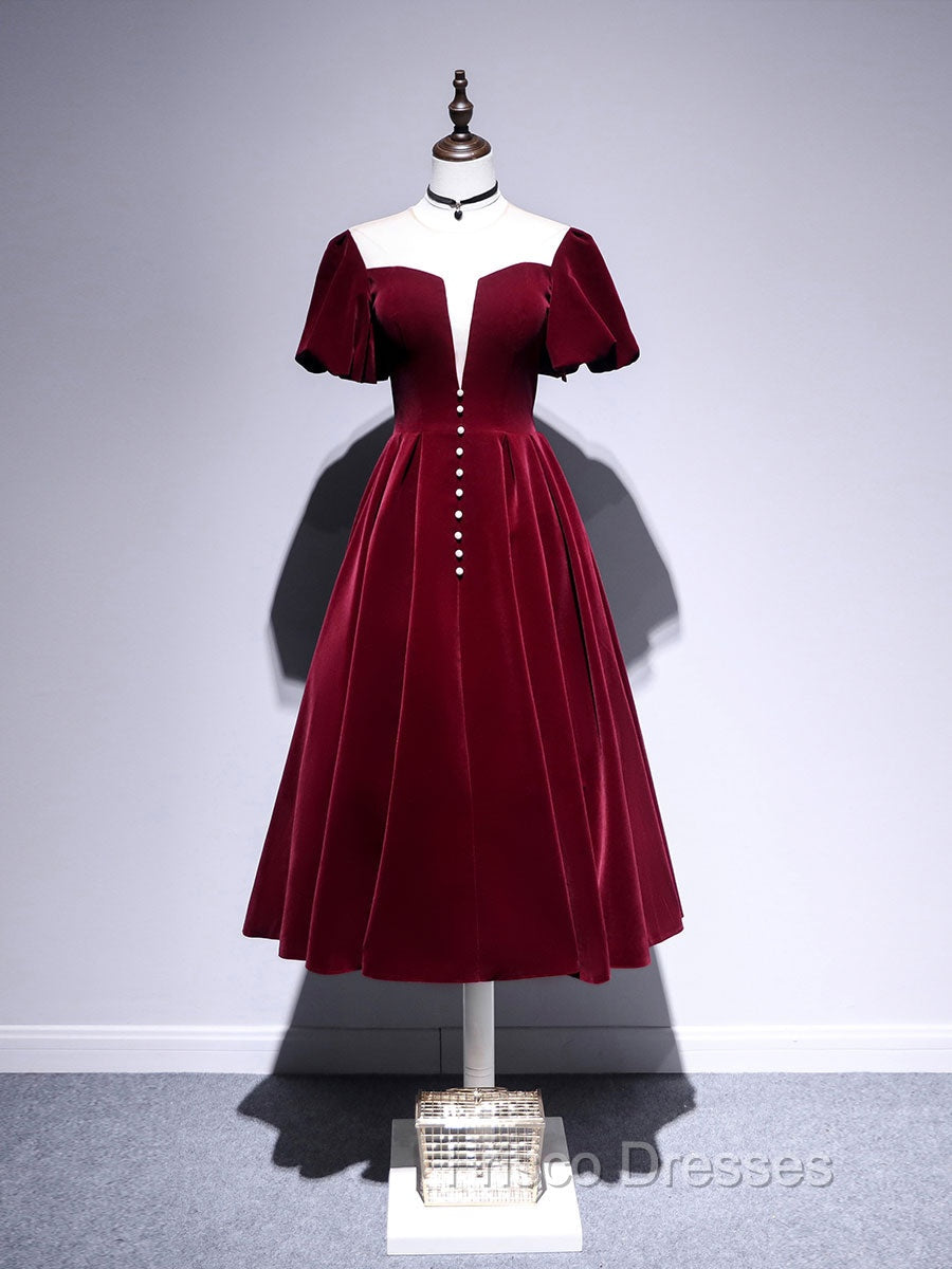 A line Velvet Tea Length Formal Prom Dress, Burgundy Velvet Bridesmaid Dress