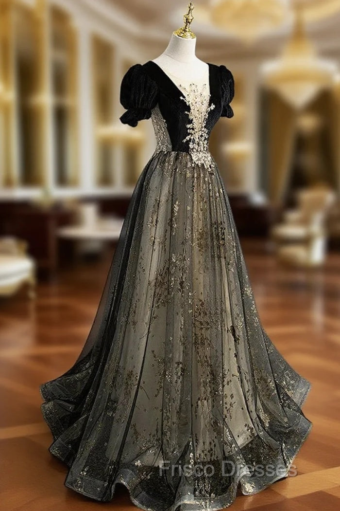 A line Velvet Tulle Lace Black Long Formal Prom Dress, Black Formal Graduation Dress Main image