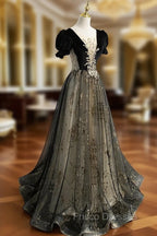 A line Velvet Tulle Lace Black Long Formal Prom Dress, Black Formal Graduation Dress