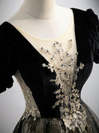 A line Velvet Tulle Lace Black Long Formal Prom Dress, Black Formal Graduation Dress