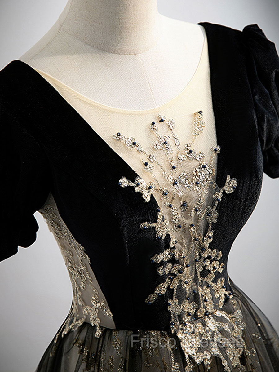 A line Velvet Tulle Lace Black Long Formal Prom Dress, Black Formal Graduation Dress