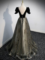 A line Velvet Tulle Lace Black Long Formal Prom Dress, Black Formal Graduation Dress