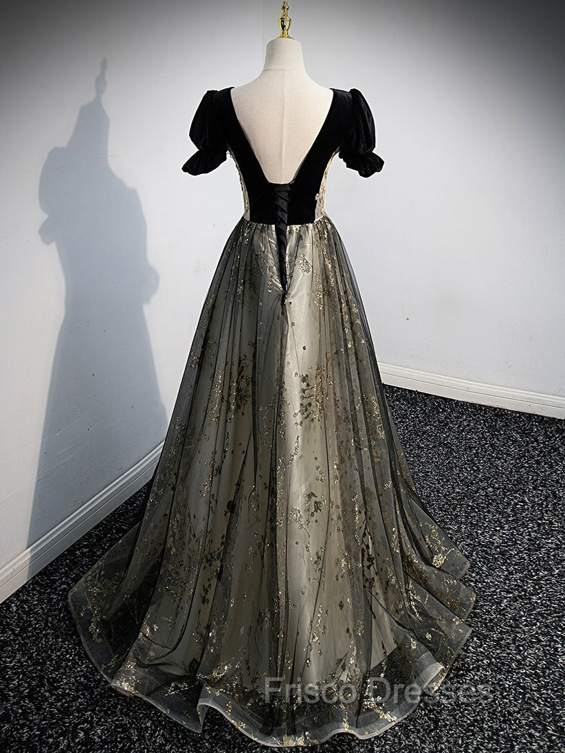 A line Velvet Tulle Lace Black Long Formal Prom Dress, Black Formal Graduation Dress