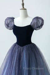 A-Line Velvet Tulle Long Formal Prom Dress, Cute Short Sleeve Evening Party Dress