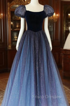 A-Line Velvet Tulle Long Formal Prom Dress, Cute Short Sleeve Evening Party Dress