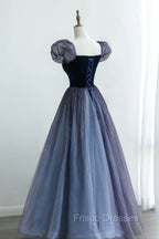 A-Line Velvet Tulle Long Formal Prom Dress, Cute Short Sleeve Evening Party Dress