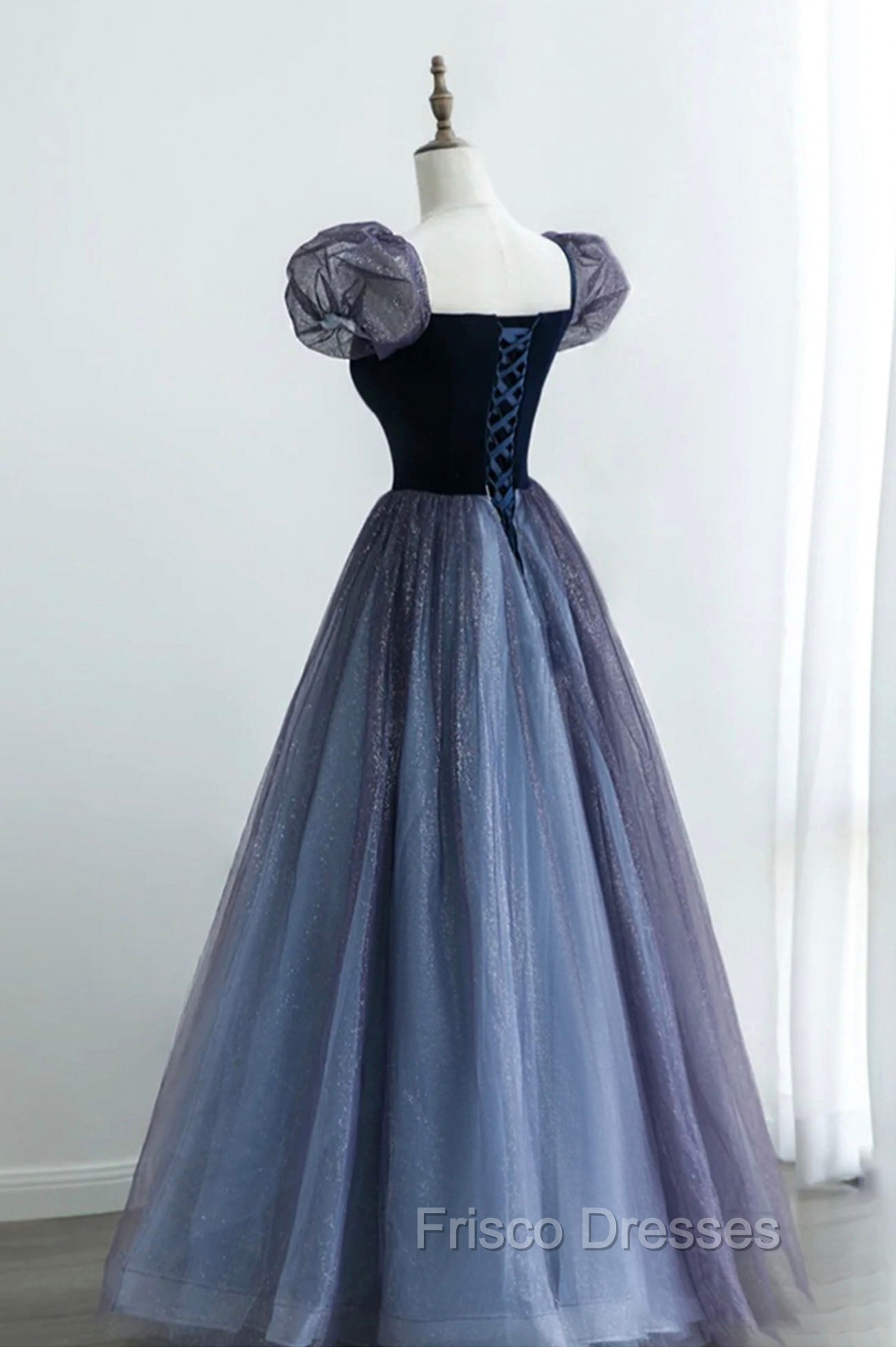 A-Line Velvet Tulle Long Formal Prom Dress, Cute Short Sleeve Evening Party Dress