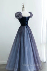 A-Line Velvet Tulle Long Formal Prom Dress, Cute Short Sleeve Evening Party Dress
