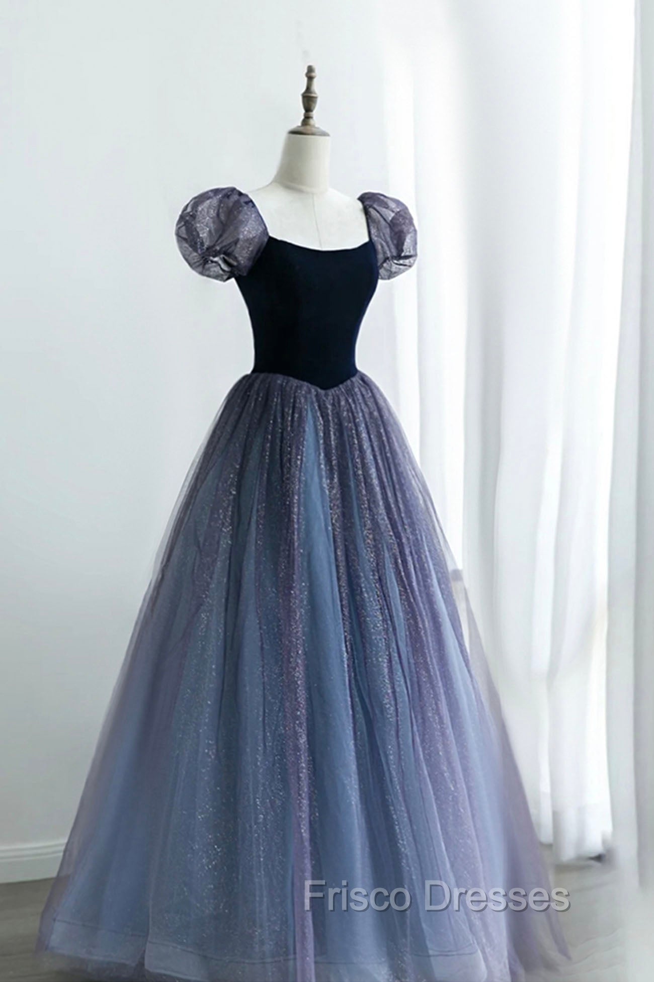 A-Line Velvet Tulle Long Formal Prom Dress, Cute Short Sleeve Evening Party Dress Main image