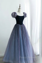 A-Line Velvet Tulle Long Formal Prom Dress, Cute Short Sleeve Evening Party Dress