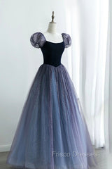 A-Line Velvet Tulle Long Formal Prom Dress, Cute Short Sleeve Evening Party Dress