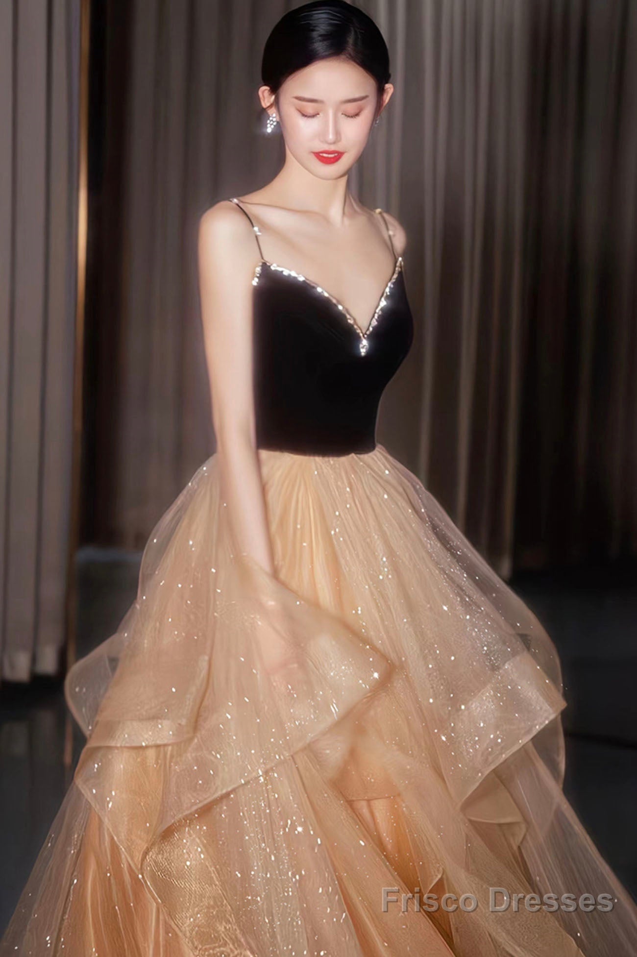 A-Line Velvet Tulle Long Prom Dress, Cute Spaghetti Strap Graduation Dress Secondary image