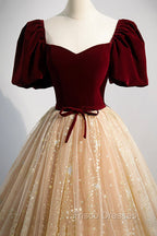 A-Line Velvet Tulle Long Formal Prom Dress, Lovely Short Sleeve Graduation Dress