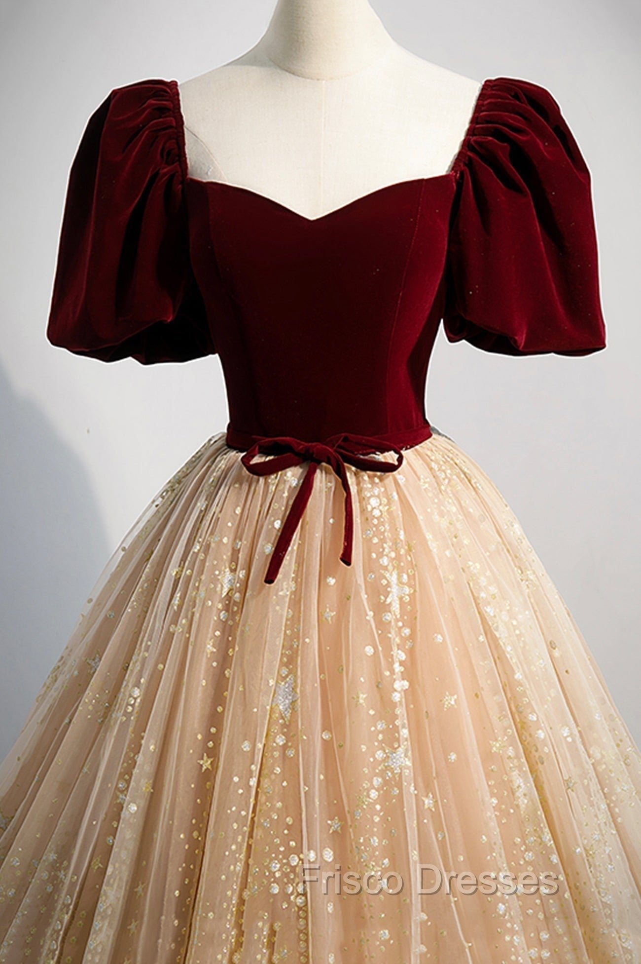 A-Line Velvet Tulle Long Formal Prom Dress, Lovely Short Sleeve Graduation Dress