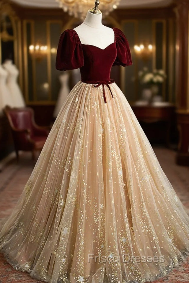 A-Line Velvet Tulle Long Formal Prom Dress, Lovely Short Sleeve Graduation Dress
