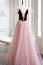 A-Line Velvet Tulle Long Formal Prom Dress, Pink Short Sleeve Formal Evening Dress