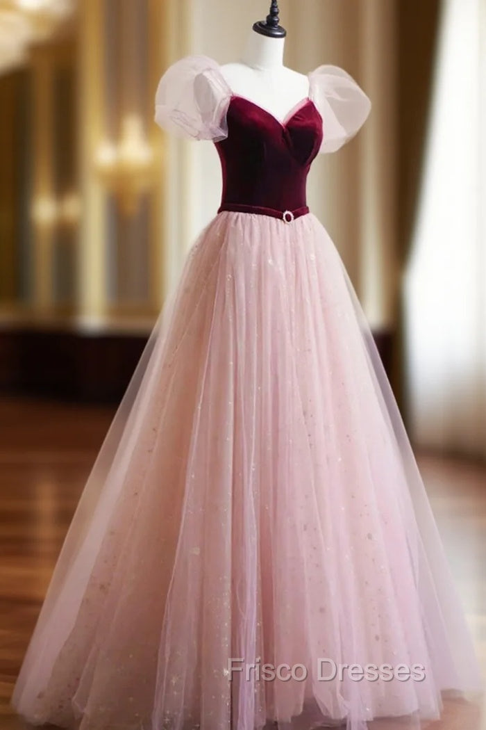 A-Line Velvet Tulle Long Formal Prom Dress, Pink Short Sleeve Formal Evening Dress Main image