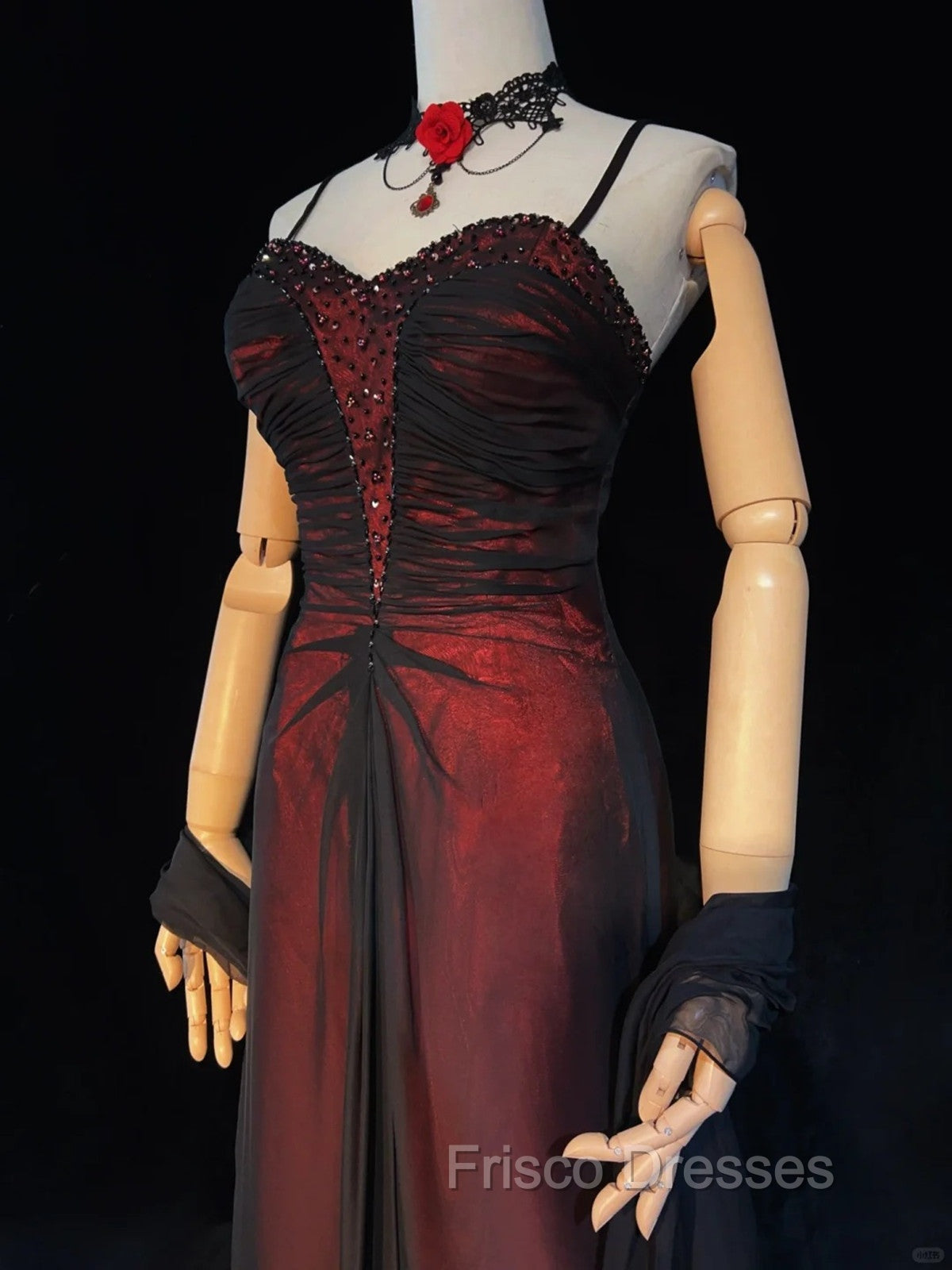 A-line Vintage Style Black and Red Beaded Formal Prom Dress, Black and Red Formal Dress Secondary image