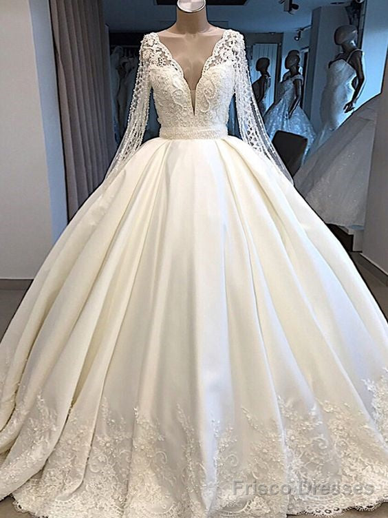 A Line Wedding Dress Ivory Satin Skirt Full Sleeve Bling Bling Plearls Bridal Prom Dress Main image