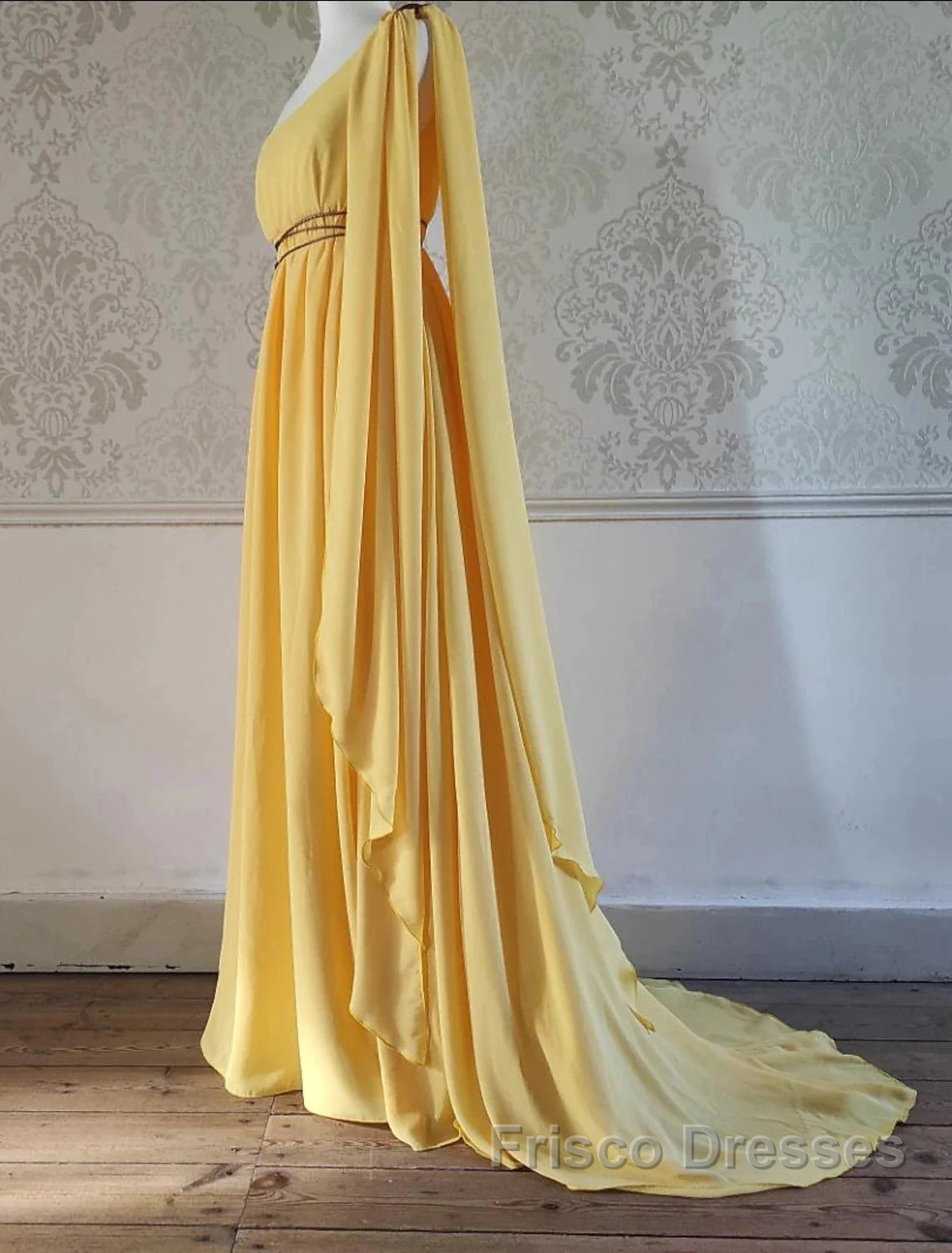 A-Line Wedding Guest Dress Elegant Dress Evening Party Court Train Sleeveless One Shoulder Chiffon With Strappy