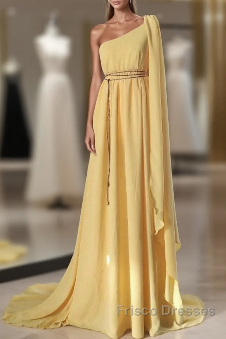 A-Line Wedding Guest Dress Elegant Dress Evening Party Court Train Sleeveless One Shoulder Chiffon With Strappy