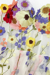A-Line Wedding Guest Dresses Floral Dress Wedding Guest Floor Length Sleeveless Illusion Neck Wednesday Addams Family Cotton Backless With Embroidery Appliques