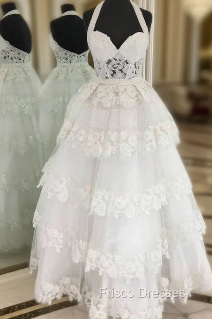 A-Line White Halter Neck Sleeveless With Layers Formal Prom Dress Main image