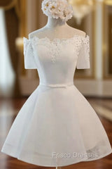 A-Line White Lace Short Sleeve Homecoming Dress