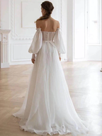 A Line White Long Organza Prom Dress Formal Dresses