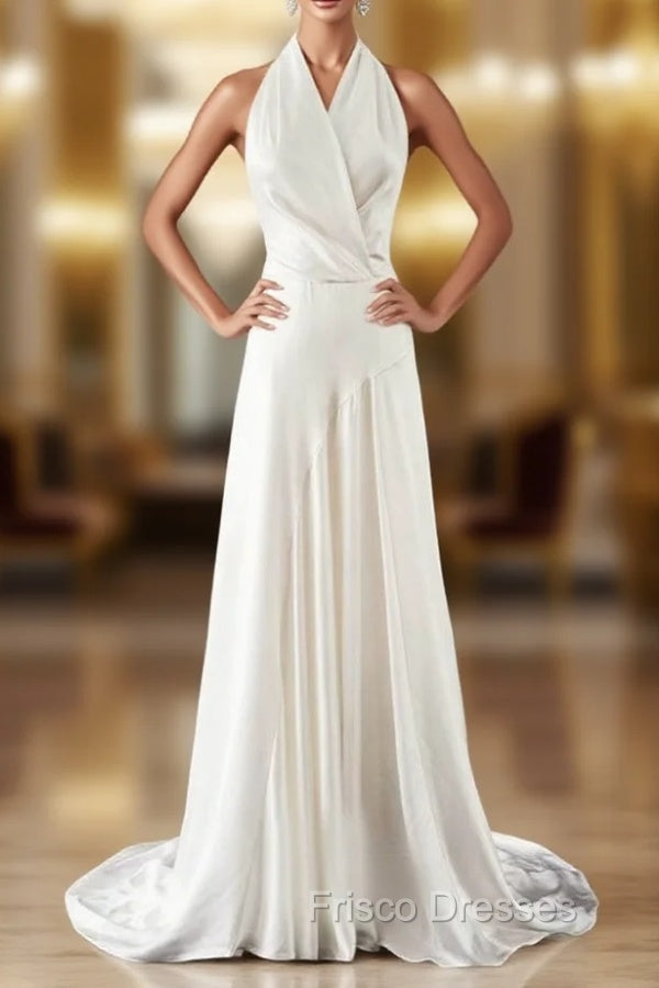 A-Line White Satin Halter Backless Wedding Dress Main image