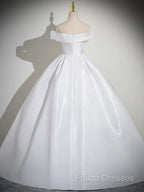 A-Line White Satin Long Formal Prom Dress, White Long Formal Dress