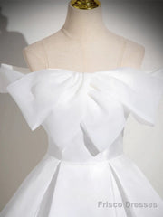 A-Line White Satin Long Prom Dress, White Long Formal Dress