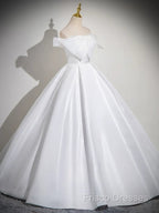 A-Line White Satin Long Formal Prom Dress, White Long Formal Dress