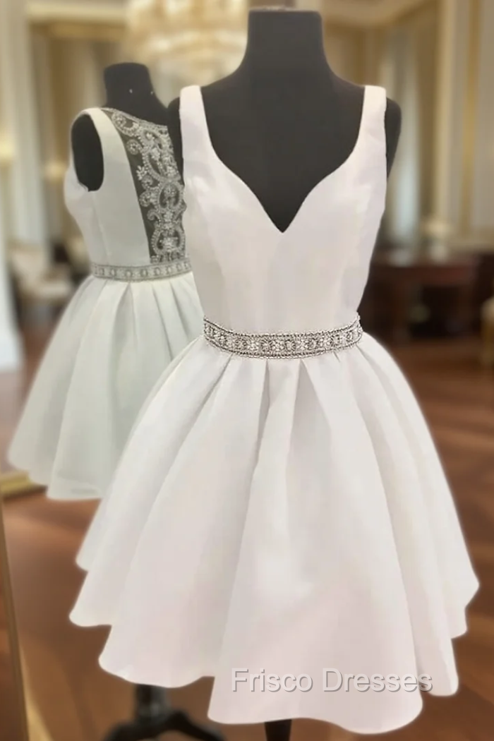 A-Line White Satin V-neck Beading Homecoming Dress