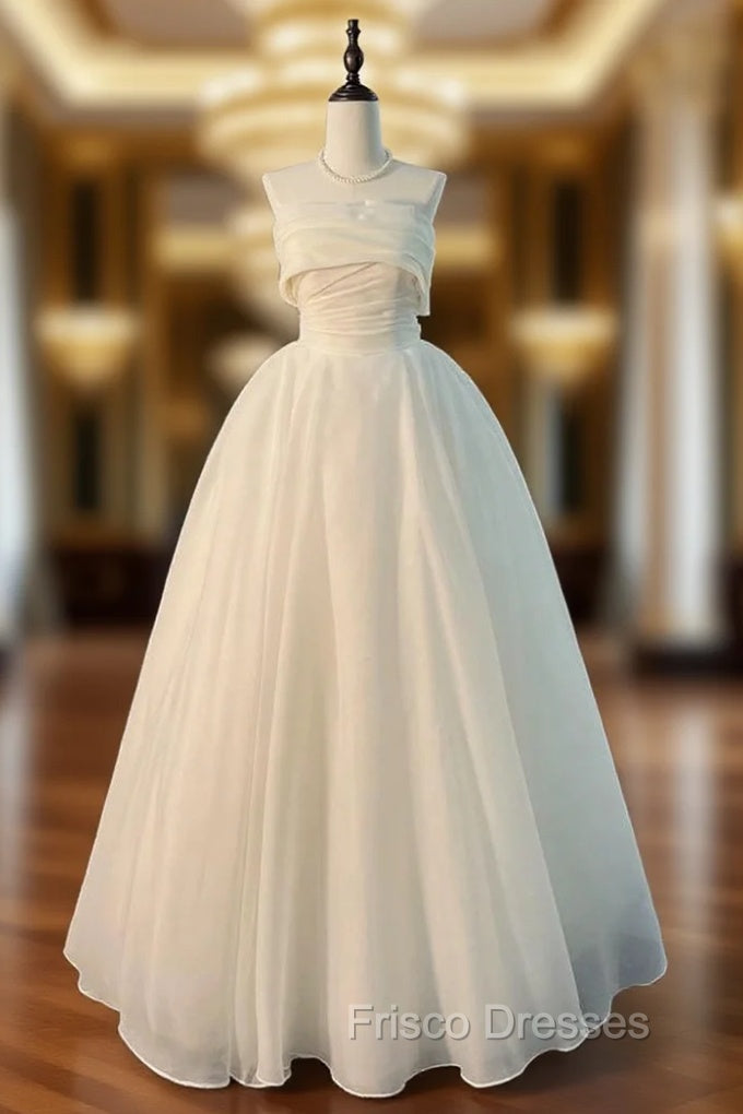 A-Line White Strapless Pleats Wedding Dress