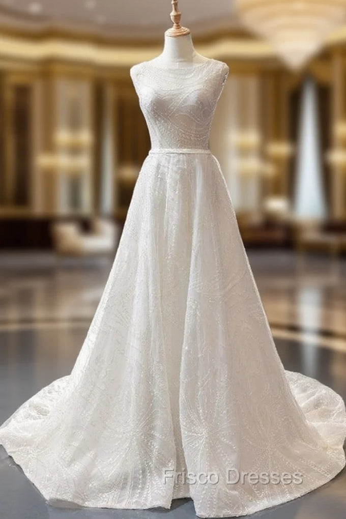 A-Line White Tulle Backless Sexy See Through Wedding Dress With Beading Main image