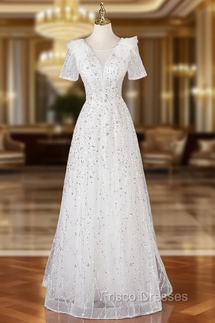 A-Line White Tulle Sequins Short Sleeve Formal Prom Dress Main image