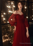 A-Line Wine Red Beaded Straps Tulle Prom Dress, Wine Red Long Evening Dress