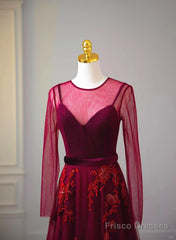 A-Line Wine Red Velvet And Tulle Long Party Dress, Wine Red Evening Dress Prom Dress